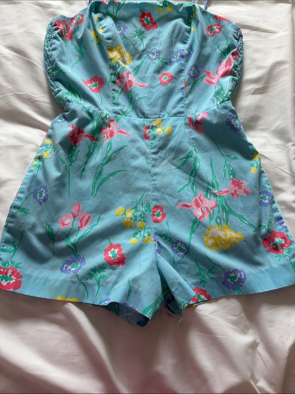 Vintage Floral Blue Romper with Spaghetti Straps - Picture 3 of 13